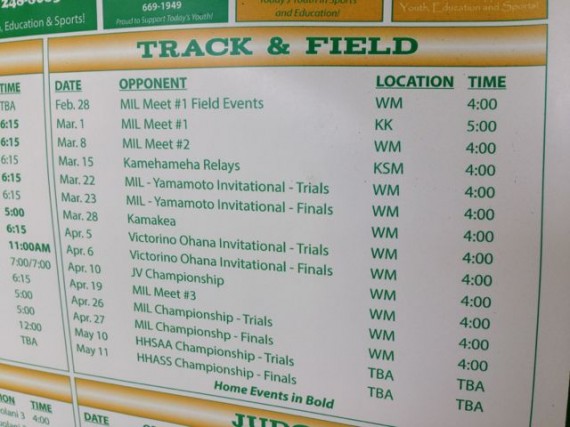 Hana, Hawaii High School 2013 Track & Field Schedule