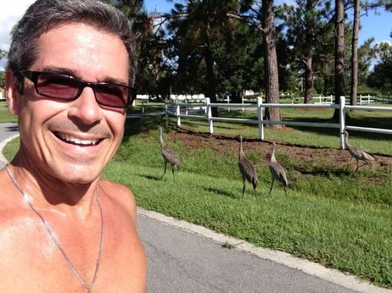 jeff noel running next to Florida Sand Hill cranes