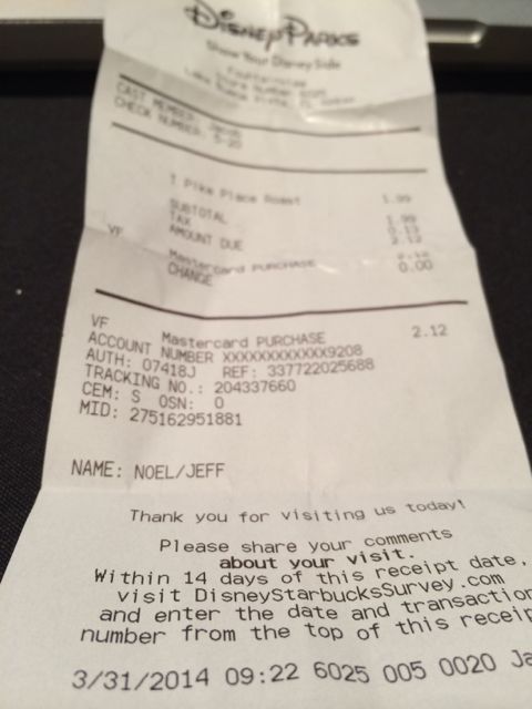 Epcot Starbucks receipt