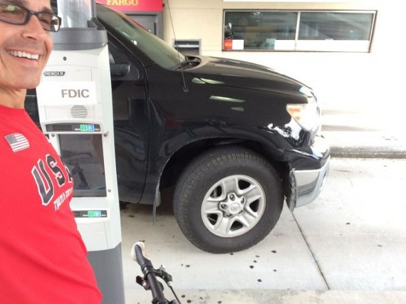 Bicyclist at Bank drive through