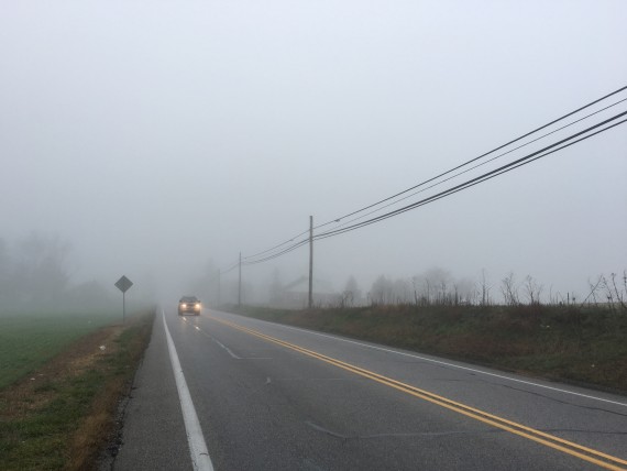 Lonesome country road in the fog