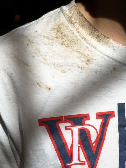 Shot putter's dirty tee shirt