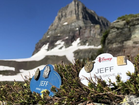 two disney name tags in the mountains
