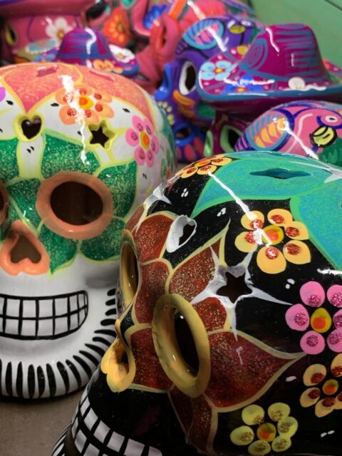 colorful fake skulls