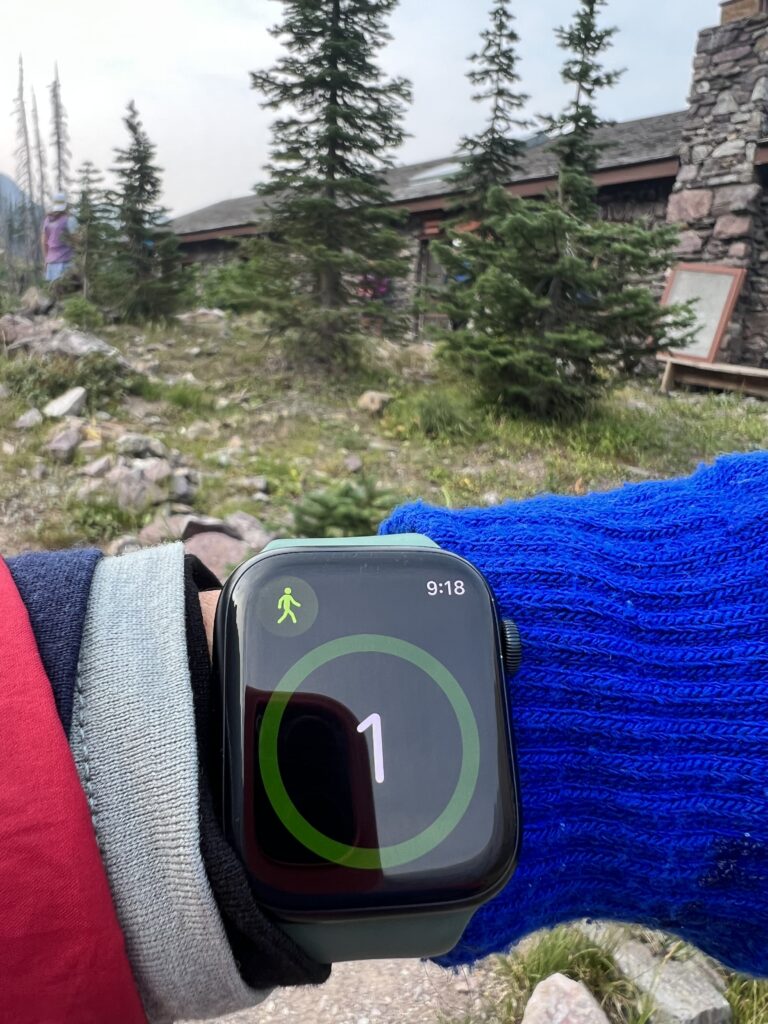 Apple Watch on someone’s wrist at Mountain chalet