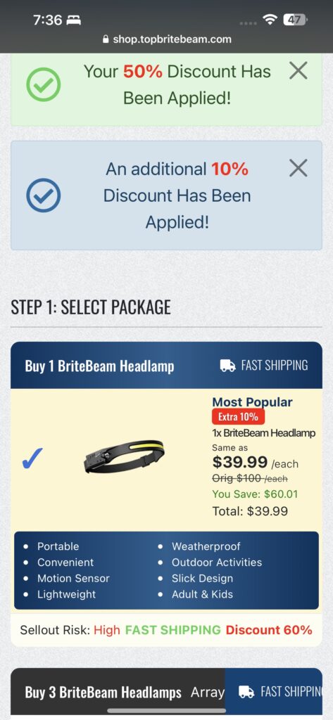 Amazon receipt for a headlamp
