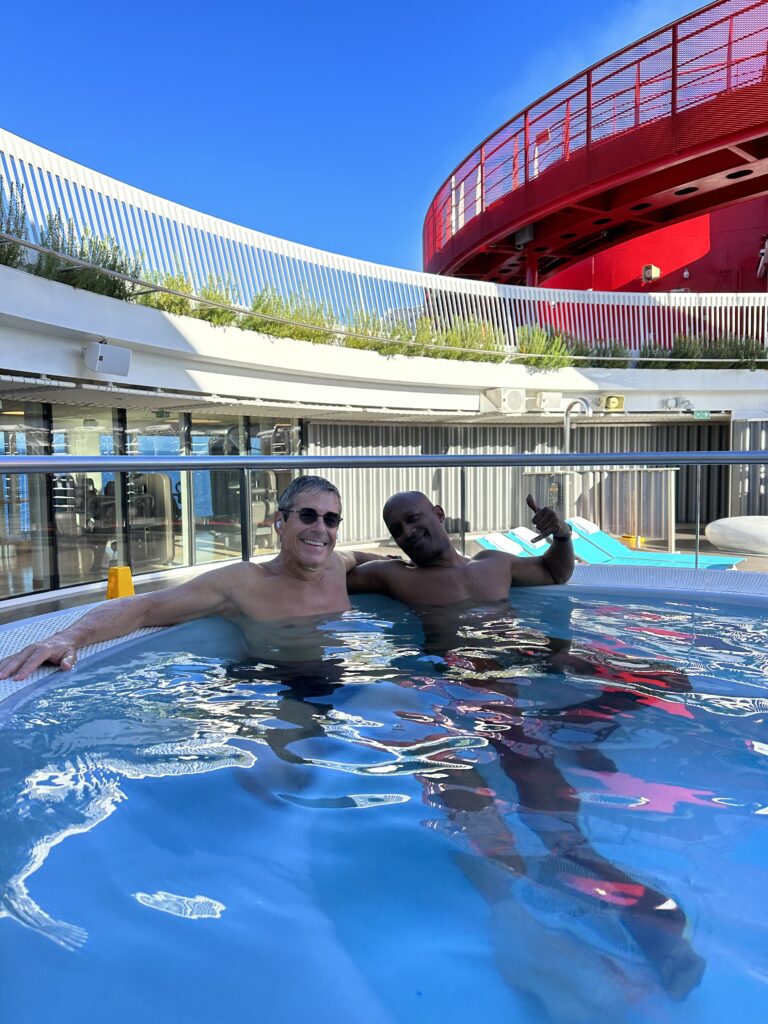Two friends in a cruise ship hot tub