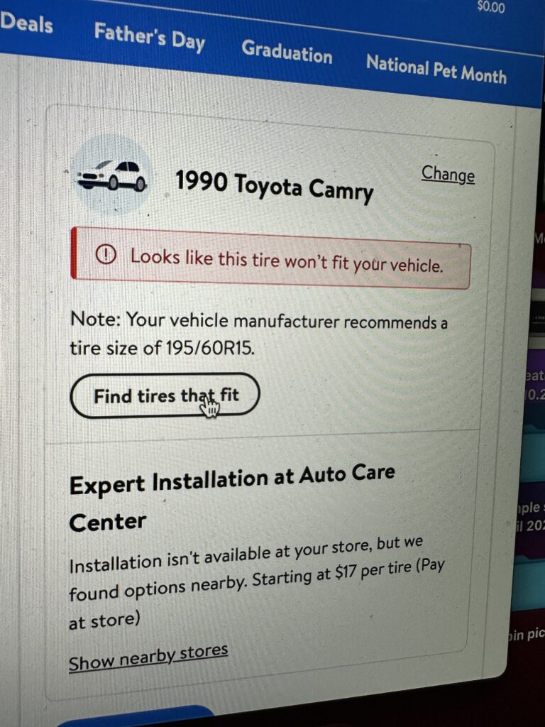 car tire search for 1990 Camry
