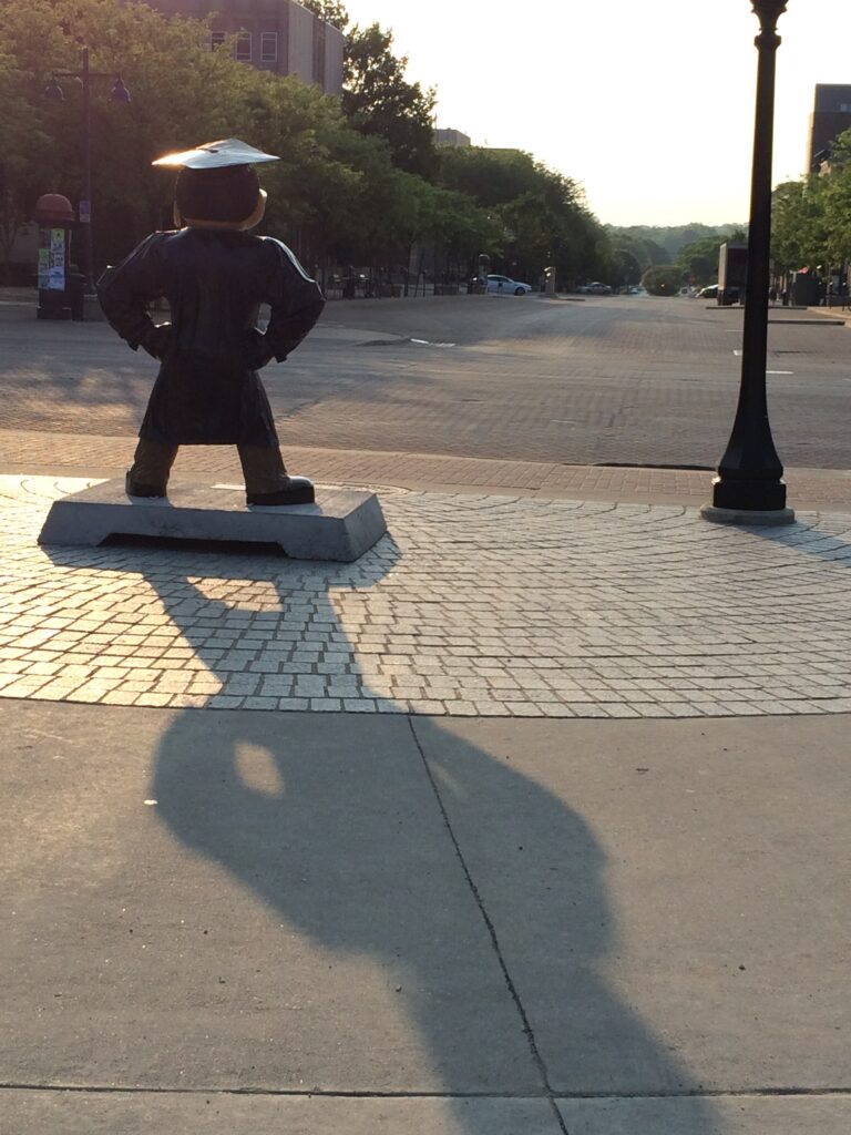 Iowa Hawkeye statue at sunrise