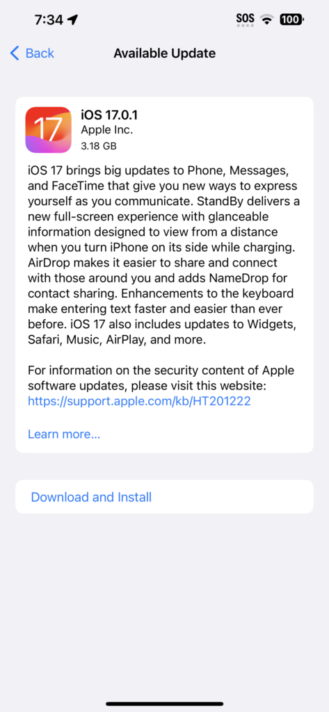 iOS 17 update screen shot