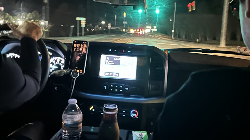 Traveling in a car, looking out the windshield from the backseat