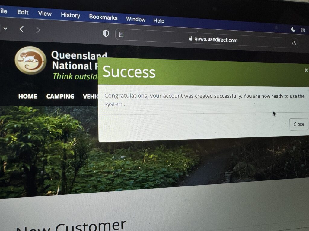 Queensland National Park registration screen