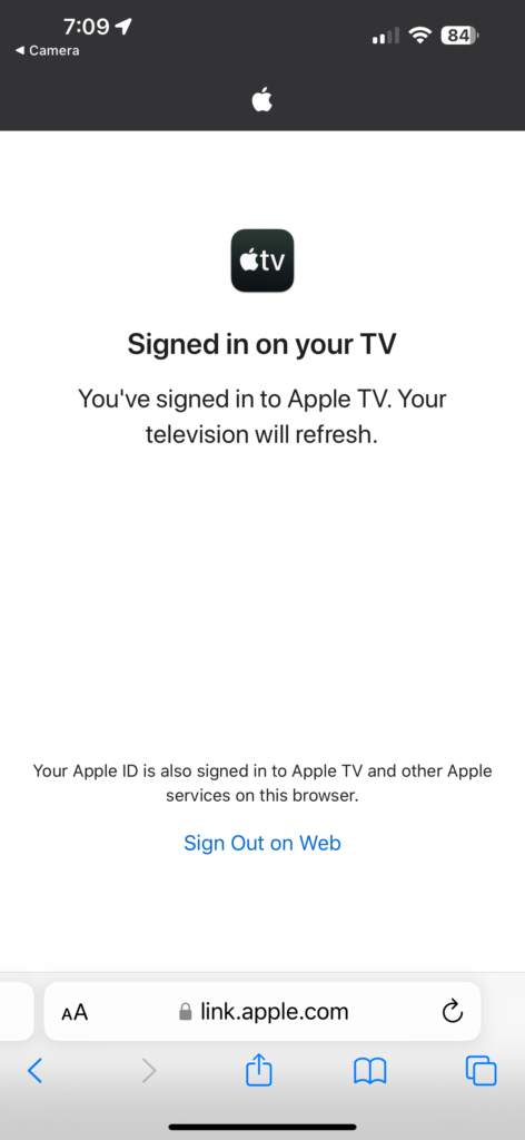 Apple TV sign in screen