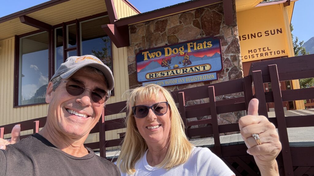 honeymooners outside a restaurant