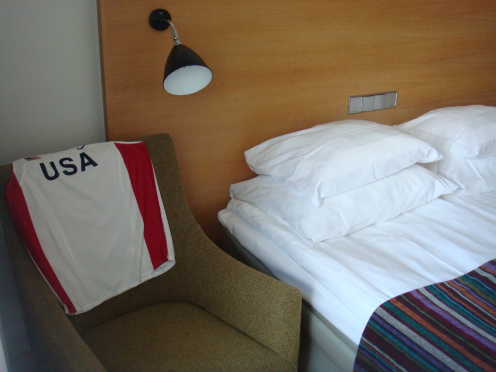 USA tank top on a chair in a hotel room