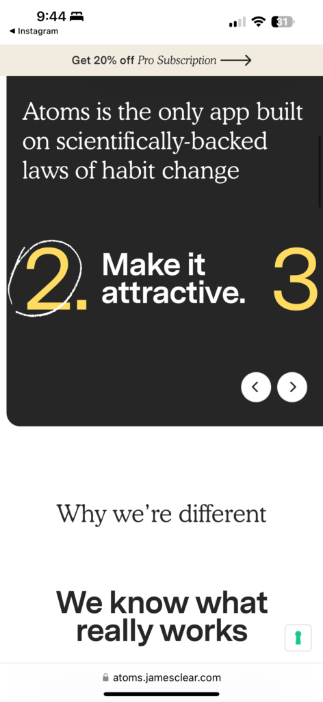 Instagram screen shot with creating habits tip