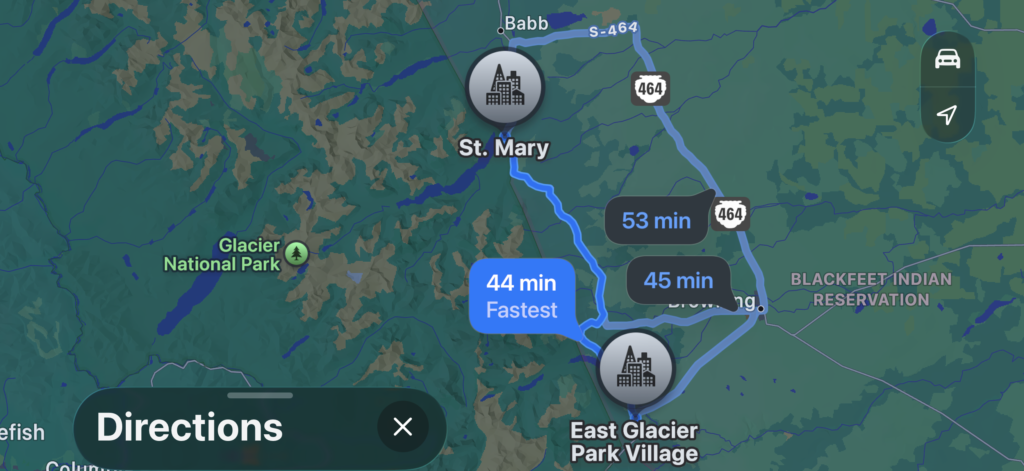Map from Saint Mary, Montana to East Glacier, Montana